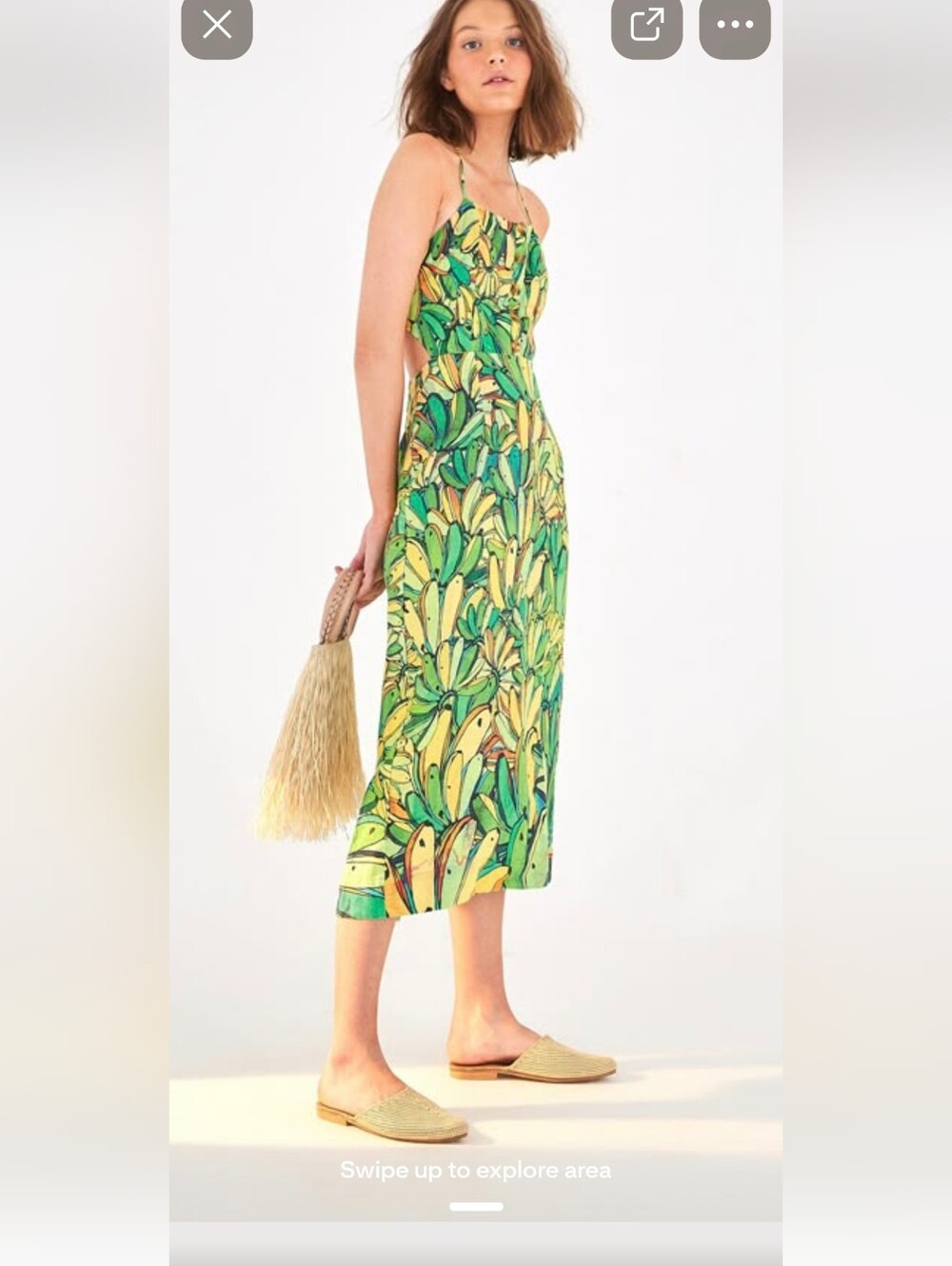 FARM Rio Green Banana Linen Midi Dress